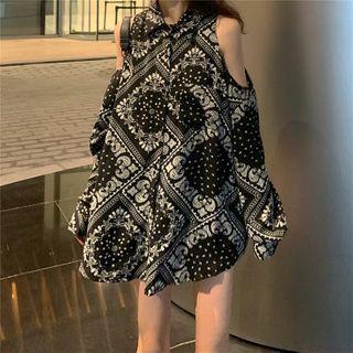 Long-sleeve Cold Shoulder Paisley Print Shirt As Shown In Figure - One Size