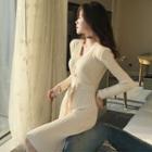 Belted V-neck Midi Ribbed Knit Dress