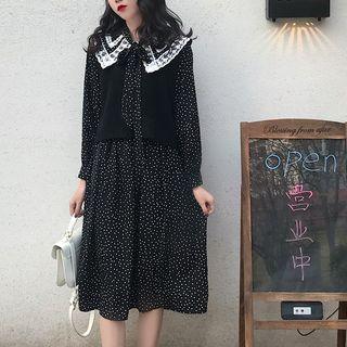 Long-sleeve Midi Dotted A-line Dress / Knit Vest