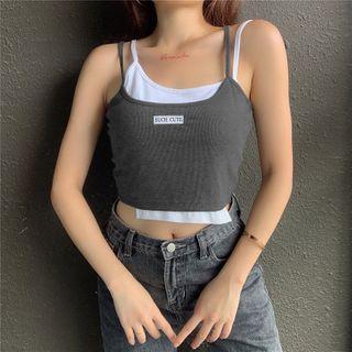Mock Two-piece Lettering Embroidered Spaghetti Strap Top