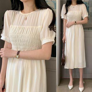 Short-sleeve Shirred Chiffon A-line Midi Dress Beige - One Size