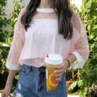 3/4-sleeve Plaid Mesh Panel Top