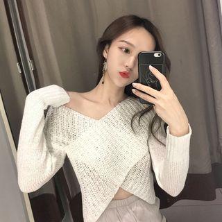Plain V-neck Cropped Short-sleeve Knit Top
