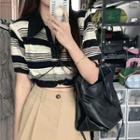 Short-sleeve Polo Collar Striped Cropped Top