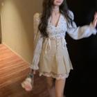 Puff-sleeve Heart Print Drawstring Blouse / A-line Skirt