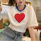 Heart Embroidered Cropped T-shirt White - One Size
