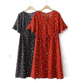 Elbow-sleeve V-neck Heart Print Midi A-line Dress