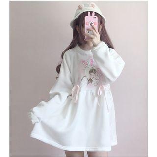 Cartoon Print Long-sleeve Mini A-line Dress White - One Size