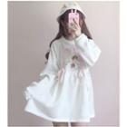 Cartoon Print Long-sleeve Mini A-line Dress White - One Size