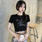 Short-sleeve Graphic Print Frill Trim Cropped T-shirt