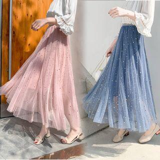 Star Print Mesh A-line Midi Skirt
