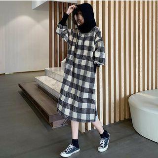 Checker Hooded Pullover Dress As Shown In Figure - One Size