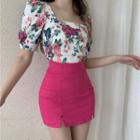Floral Short-sleeve Square-neck Cropped Blouse / Mini Pencil Skirt