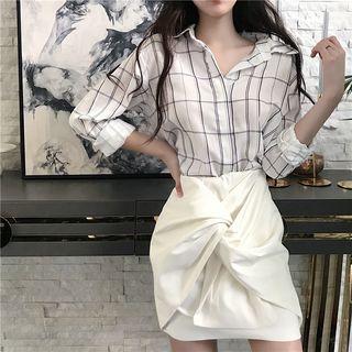 Set: Plaid Shirt + Knot Detail A-line Skirt