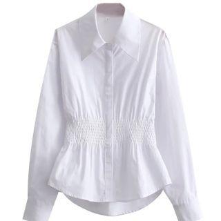 Long-sleeve Elastic Waist Scoop Hem Shirt