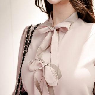 Tie-neck Sheer-sleeve Blouse