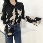 Crane Print Flared-sleeve Blouse As Shown In Figure - One Size