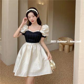 Short-sleeve Mini A-line Dress / Spaghetti Strap Denim Top