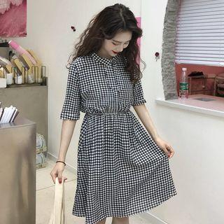 Set: Plaid Short-sleeve A-line Dress + Midi Mesh Skirt