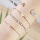 Set Of 4: Heart / Moon / Star Rhinestone Alloy Open Bangle (assorted Designs) Ab055 - Set - Gold - One Size