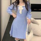 Long-sleeve Knit A-line Dress Blue - One Size