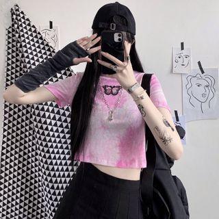 Short-sleeve Butterfly Embroidered Tie-dye Print T-shirt Tie-dye - Pink - One Size