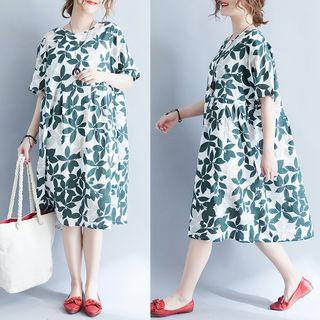 Short-sleeve Leaf Print A-line Dress