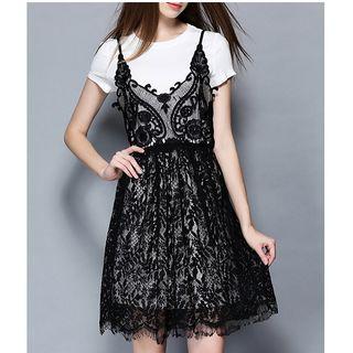 Set: Short-sleeve T-shirt + Strappy Lace Dress