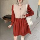 Long-sleeve Ruched Dress / Plain Knit Vest