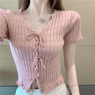 Short-sleeve Lettuce Edge Tie-strap Knit Crop Top