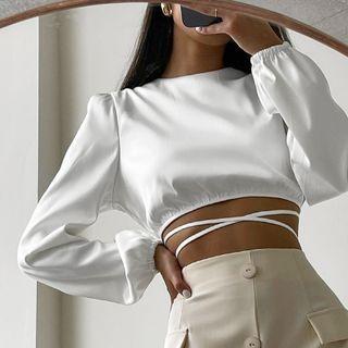 Long Sleeve Cross-strap Satin Crop Top