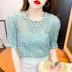 Short-sleeve Faux Pearl Trim Lace Top