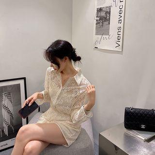 Set: Full-lace Shirt + Shorts Beige - One Size