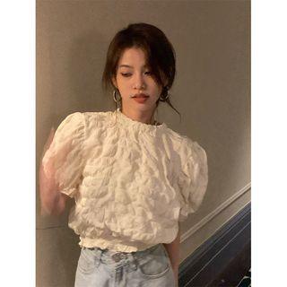 Short-sleeve Textured Blouse Almond - One Size