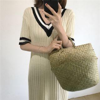 Striped V-neck Elbow Sleeve Ribbed Sweater Dress