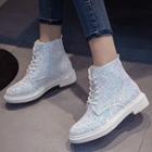 Sequined Chunky Heel Lace Up Short Boots