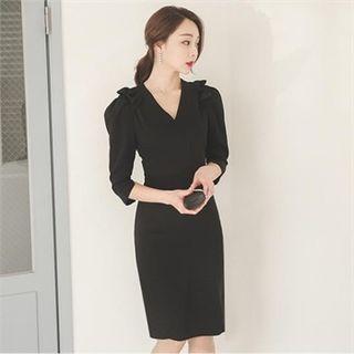Puff-shoulder Frill-trim Sheath Dress