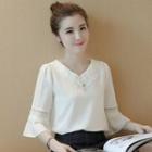 Fringed V-neck 3/4 Sleeve Blouse
