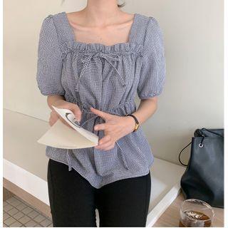 Square-neck Beribboned Checked Blouse Black - One Size