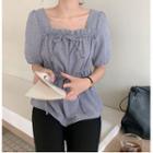 Square-neck Beribboned Checked Blouse Black - One Size
