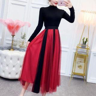 Set: Knit Top + Mesh Midi A-line Skirt