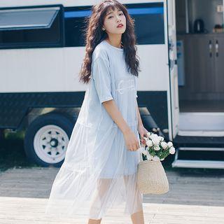 Mesh Panel Elbow-sleeve Midi T-shirt Dress