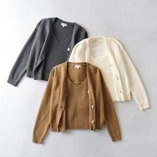 Set: Plain Cardigan + Ribbed Knit Camisole Top