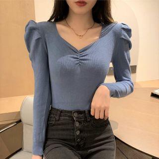 V-neck Puff Sleeve Knit Plain Top