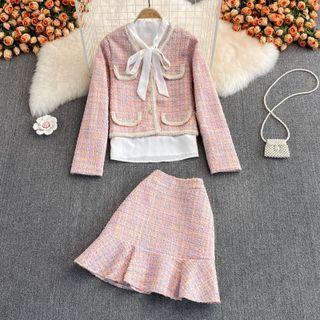 Set: Single Breasted Tweed Blazer + Skirt + Bow Neck Shirt