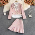Set: Single Breasted Tweed Blazer + Skirt + Bow Neck Shirt