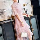 Plaid Lace Panel Flared-sleeve Midi A-line Dress