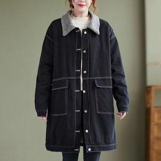 Fleece-lined Button-up Denim Long Coat