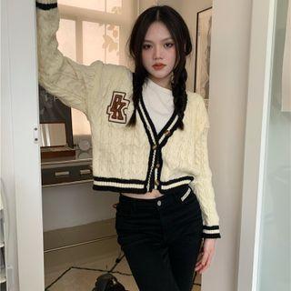 Lettering Contrast Trim Cropped Cardigan