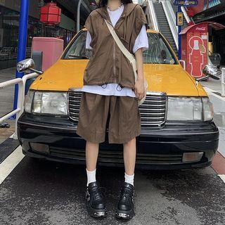 Set: Sleeveless Hooded Top + Shorts Dark Coffee - One Size